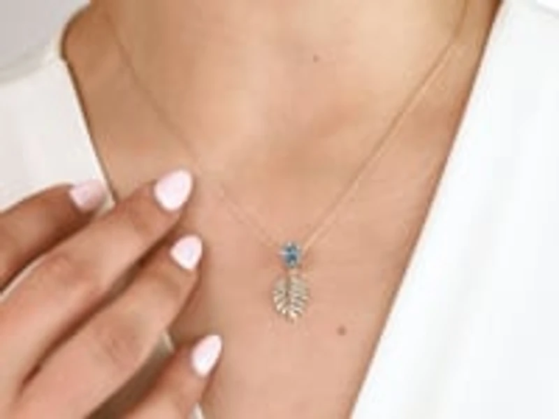 Blue Topaz Necklace with Diamond Leaf in 10K Yellow Gold