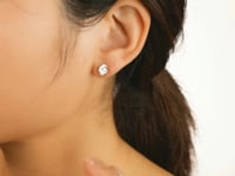 Crescent Set Solitaire Lab Grown Diamond Stud Earrings in 14K Yellow G