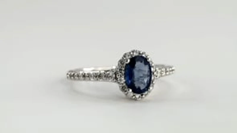Oval Sapphire and Diamond Halo Ring 14K White Gold (7x5mm)