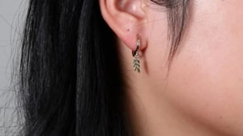 Olive Leaf Drop Hoop Earrings in 10K Yellow Gold