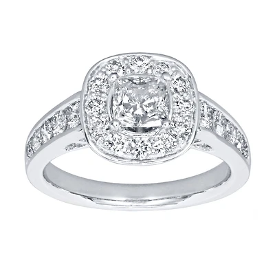 Cushion Cut Diamond Halo Engagement Ring 18K Palladium White Gold (