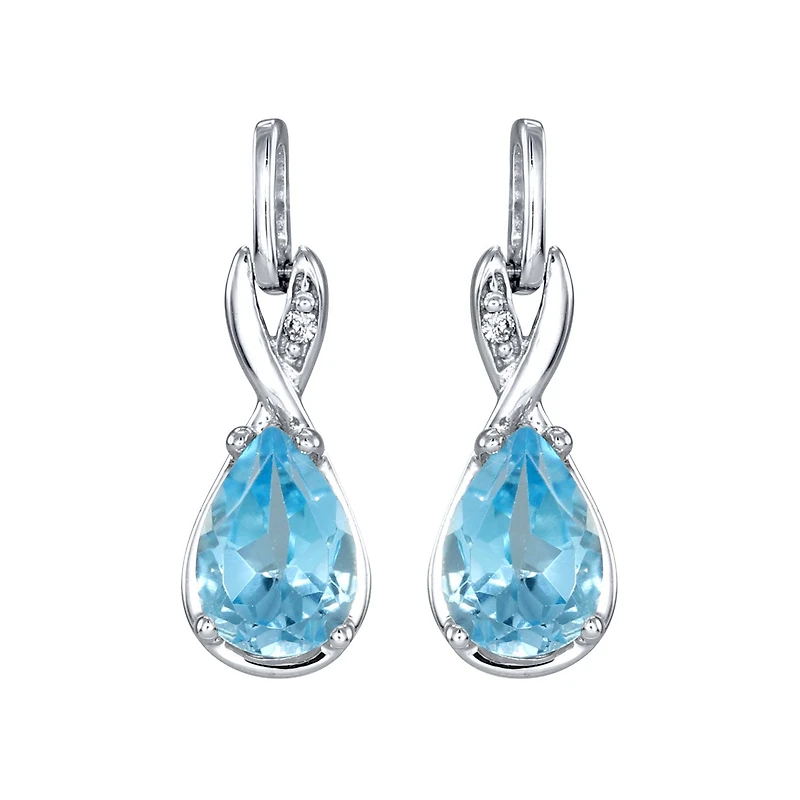 Pear Shaped Blue Topaz Diamond Dangle Earrings in 10K White Gold