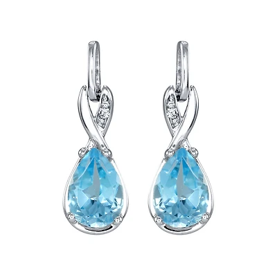 Pear Shaped Blue Topaz Diamond Dangle Earrings in 10K White Gold