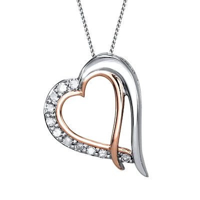 Two-Tone Double Heart Diamond Necklace in 10K White and Rose Gold (0.0
