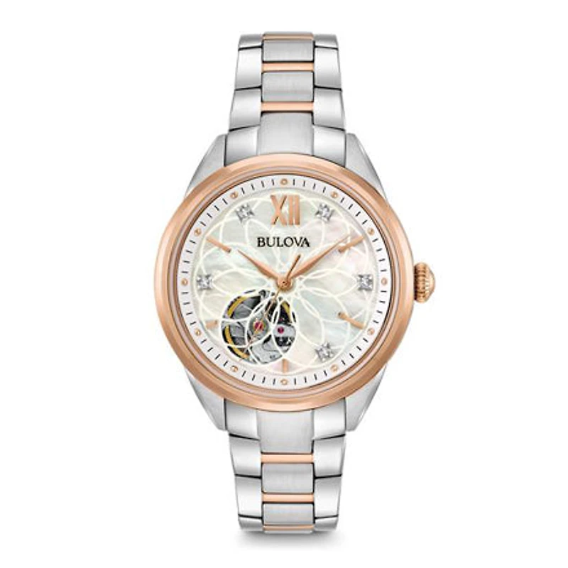 Bulova Women's Two-Tone Automatic Exhibition Back Diamond Dial Watch |