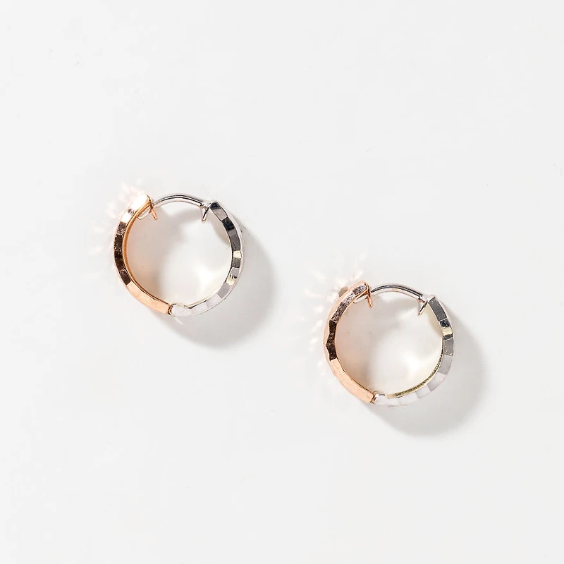 Diamond Cut Hoop Earrings 10K White and Rose Gold