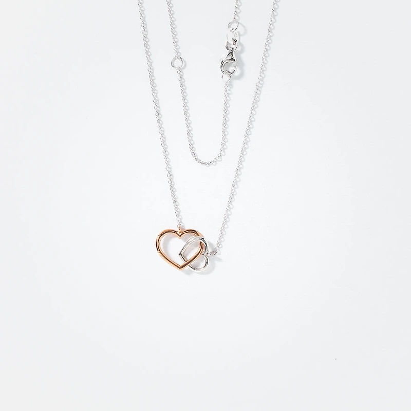 Interlocking Double Hearts Pendant Necklace in 10K White and Rose Gold