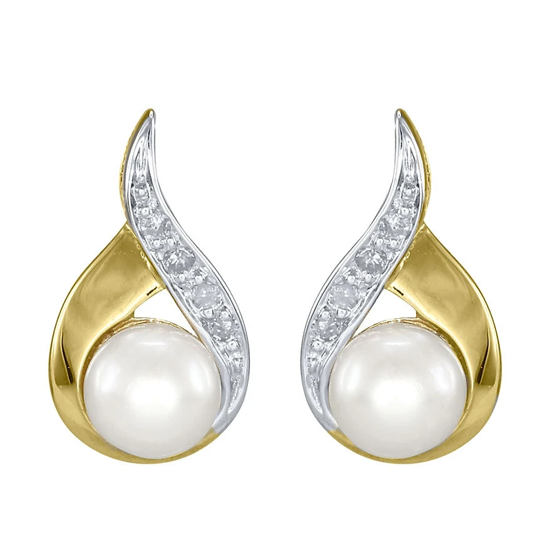 Cultured Pearl Diamond Earrings in 10K Yellow Gold
