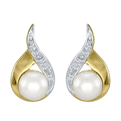 Cultured Pearl Diamond Earrings in 10K Yellow Gold