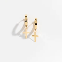 Dangle Cross Hoop Earrings in 10K Yellow Gold