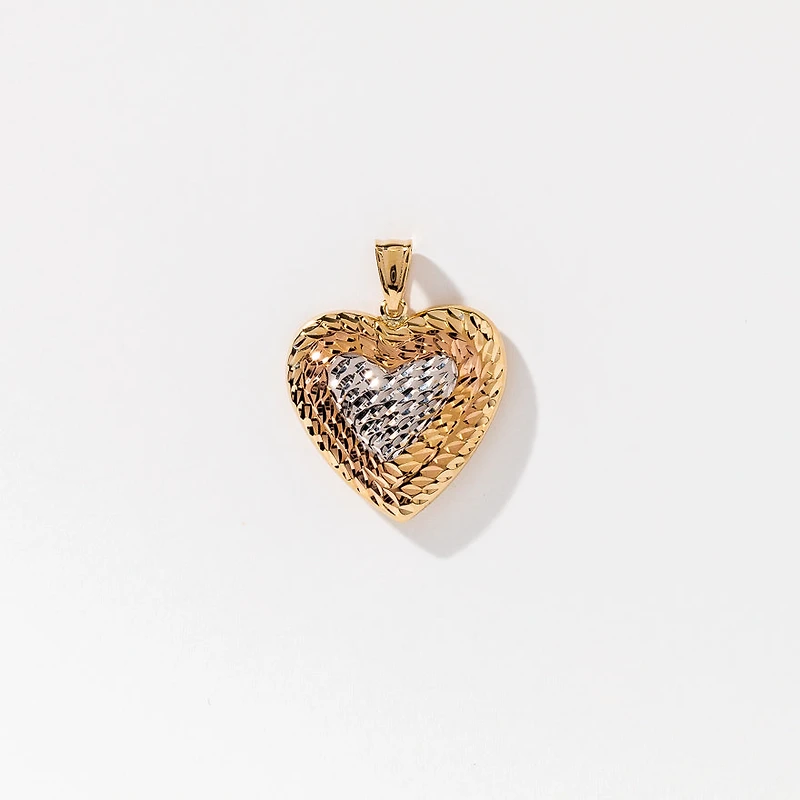 Puff Heart Pendant in 10K Rose White and Yellow Gold