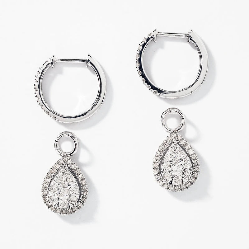 10K White Gold Diamond Huggie Hoop Earrings with Removable Pear Shaped