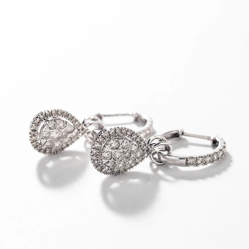 10K White Gold Diamond Huggie Hoop Earrings with Removable Pear Shaped