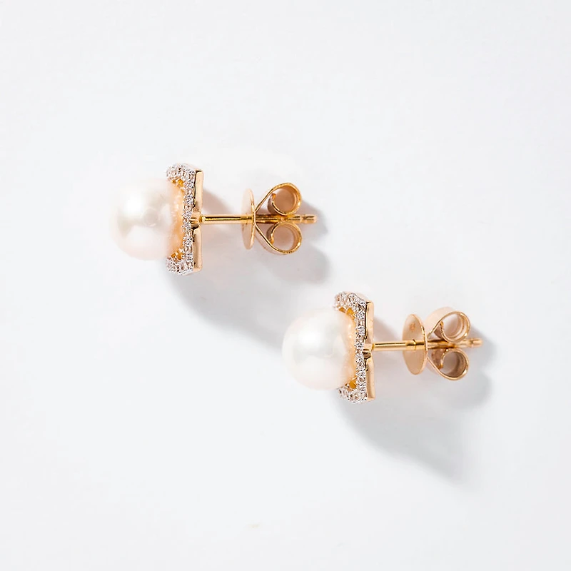 Pearl Earrings with Diamond Accents in 10K Yellow Gold