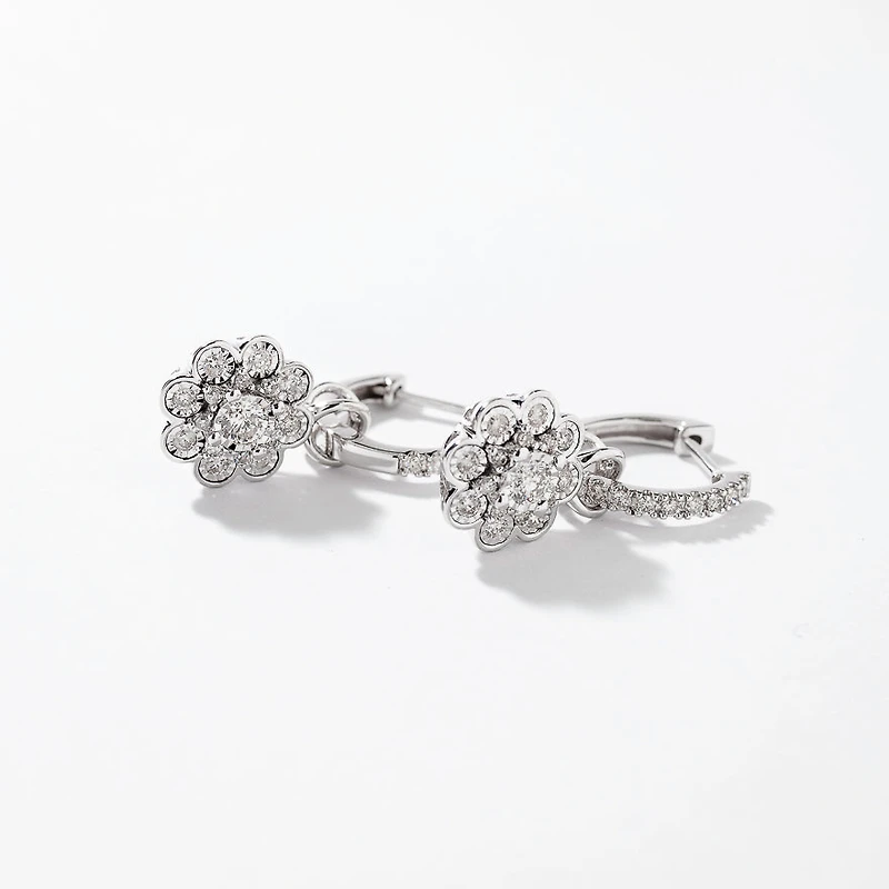 Diamond Hoop Earrings With Removable Flower Charm in 10K White Gold (0