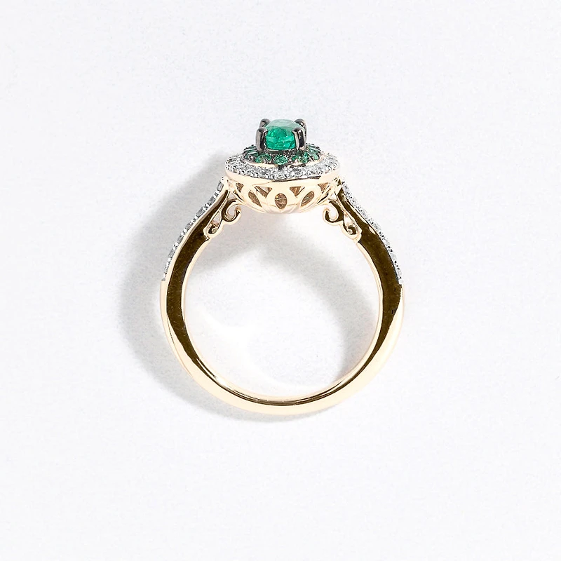 Double Halo Emerald and Diamond Ring 10K Yellow Gold