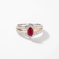 Oval Ruby Ring with Diamond Accents 10K Yellow and White Gold