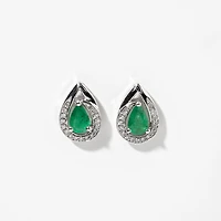 Pear Shape Emerald and Diamond Earrings in 10K White Gold