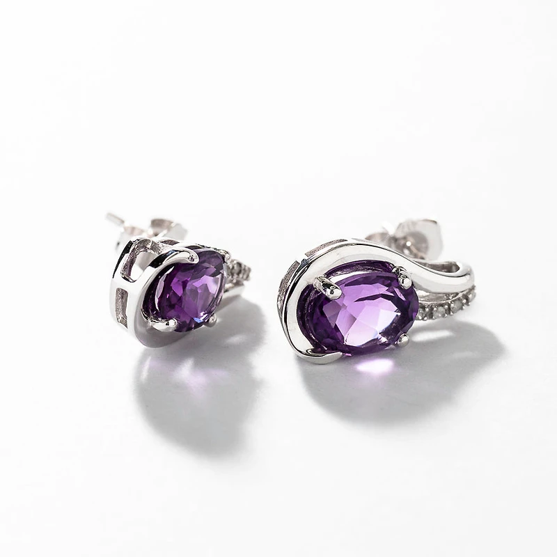 Oval Shape Amethyst Earrings in 10K White Gold
