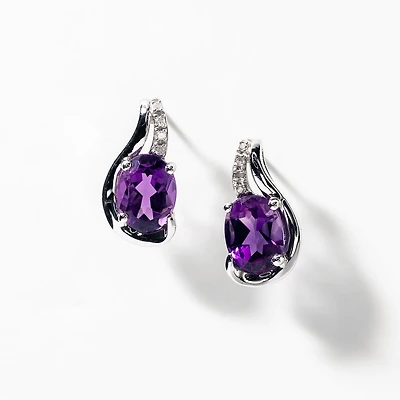 Oval Shape Amethyst Earrings in 10K White Gold