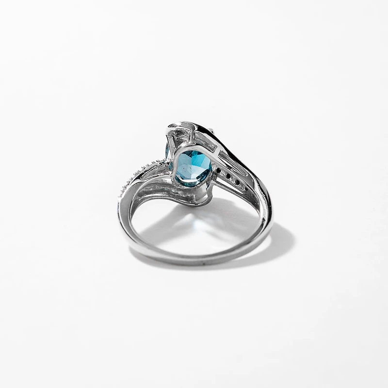 Oval Blue Topaz Ring With Diamond Accents 10K White Gold