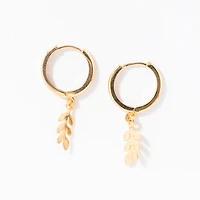 Olive Leaf Drop Hoop Earrings in 10K Yellow Gold