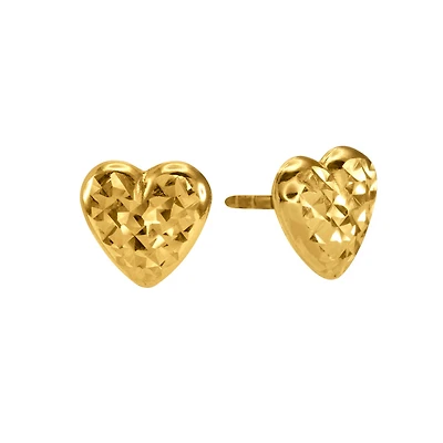 Puffed Heart Diamond Cut Stud Earrings in 10K Yellow Gold