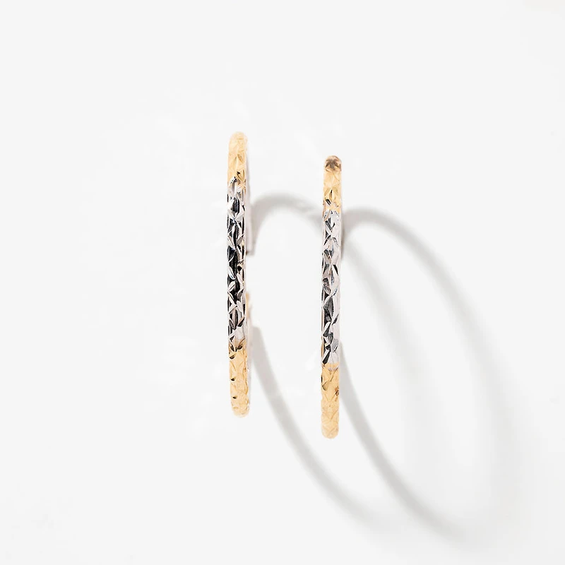Diamond Cut Hoop Earrings in 10K Yellow and White Gold