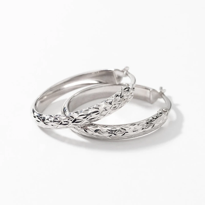 Oval Diamond Cut Hoop Earrings 10K White Gold
