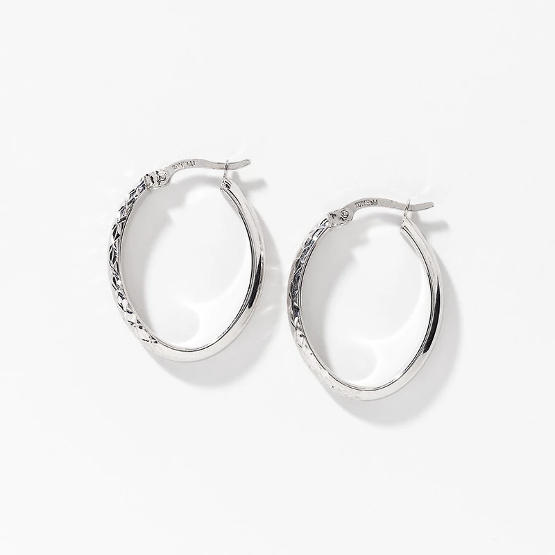 Oval Diamond Cut Hoop Earrings 10K White Gold