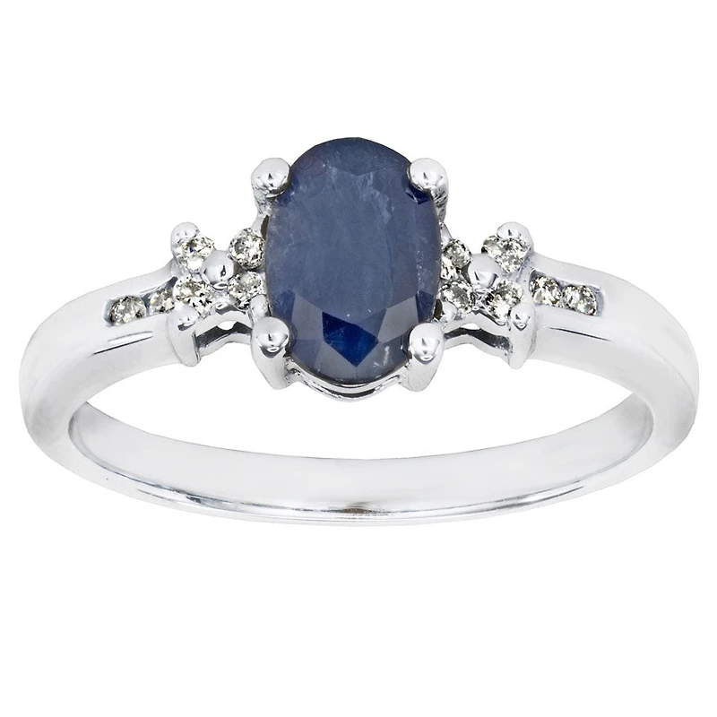 Oval Blue Sapphire and Diamond Ring 10K White Gold (0.08ct tw)