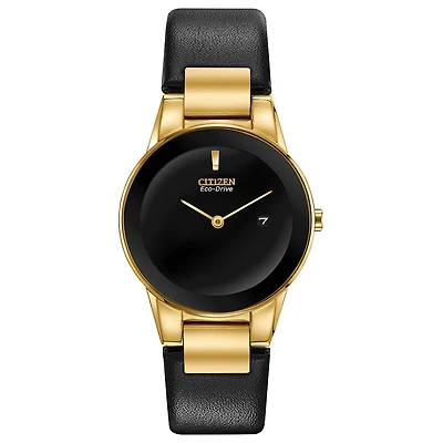 Citizen Axiom Ladies Eco-Drive Watch In Gold Tone Case and Black Leath