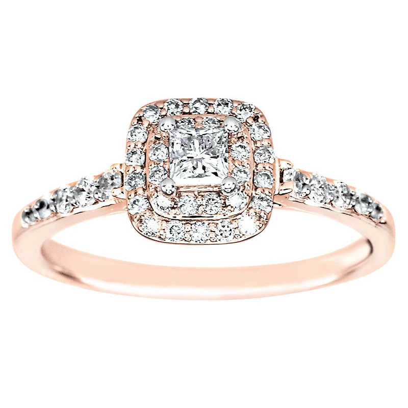 Double Halo Princess Diamond Engagement Ring 14K Rose Gold (0.50ct
