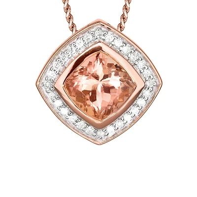 Morganite Diamond Round Square Shaped Necklace in 14K Rose Gold