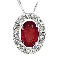 Oval Ruby and Diamond Halo Necklace in 10K White Gold (0.12ct tw)