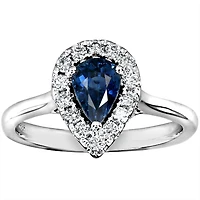 Pear Shape Sapphire and Diamond Halo Ring 14K White Gold