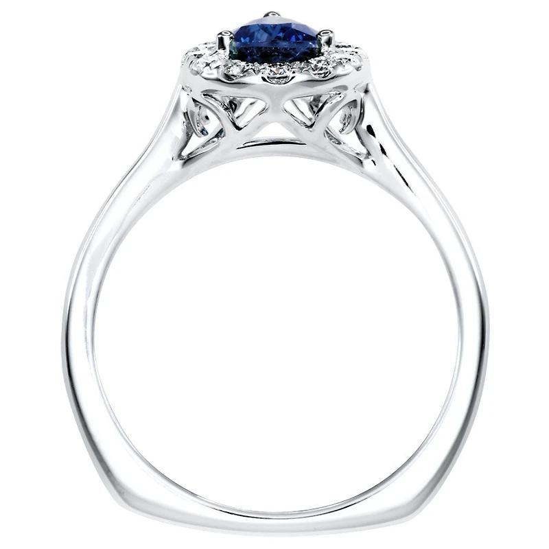 Pear Shape Sapphire and Diamond Halo Ring 14K White Gold