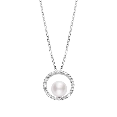 Akoya Cultured Pearl Circle Pendant with Diamonds in 18K White Gold
