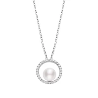 Akoya Cultured Pearl Circle Pendant with Diamonds in 18K White Gold