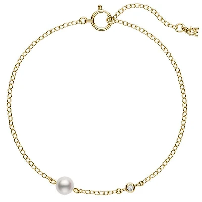Akoya  Cultured Single Pearl and Diamond Station Bracelet in 18K Yellow Gold
