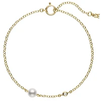 Akoya  Cultured Single Pearl and Diamond Station Bracelet in 18K Yellow Gold