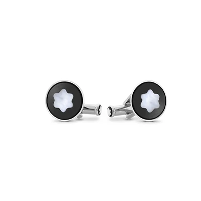 Cufflinks, round in stainless steel with black PVD inlay and mother-of-pearl snowcap emblem