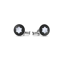 Cufflinks, round in stainless steel with black PVD inlay and mother-of-pearl snowcap emblem