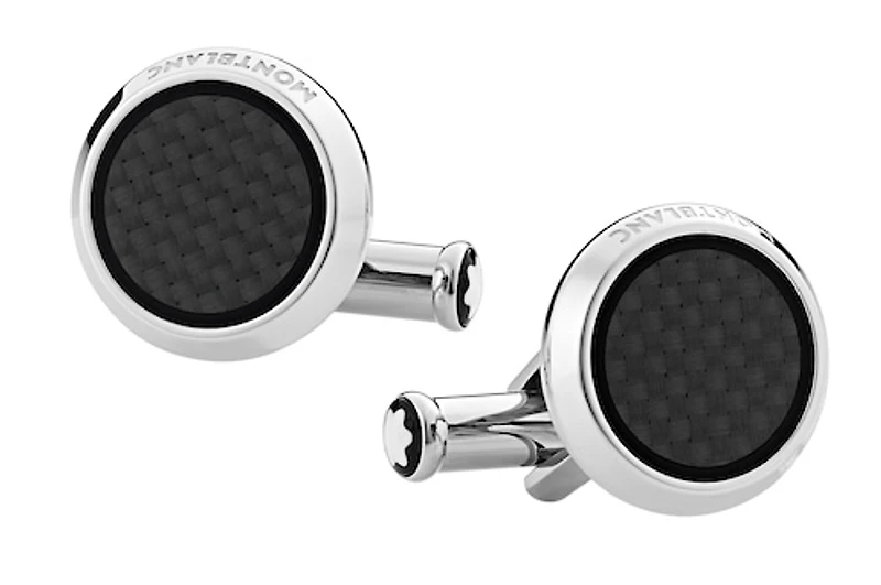 Cufflinks, round in stainless steel with carbon-patterned inlay
