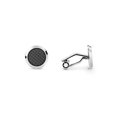 Cufflinks, round in stainless steel with carbon-patterned inlay