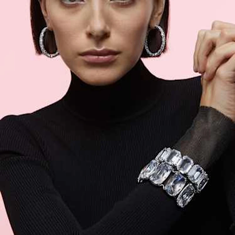 Ortyx hoop earrings, Triangle cut, White, Rhodium plated by SWAROVSKI