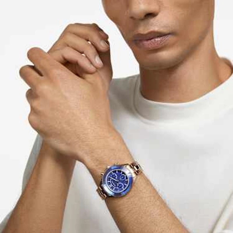 Octea lux sport watch, Swiss Made, Metal bracelet, Blue, Champagne gold-tone finish by SWAROVSKI