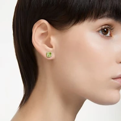 Birthstone stud earrings, Square cut, August, Green, Rhodium plated by SWAROVSKI