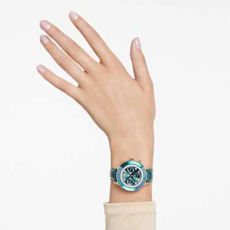 Octea chrono watch, Swiss Made, Leather strap, Green, Rose gold-tone finish by SWAROVSKI