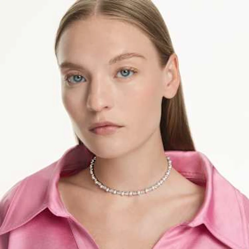 Matrix Tennis necklace, Crystal pearl, Round cut, White, Rhodium plated by SWAROVSKI